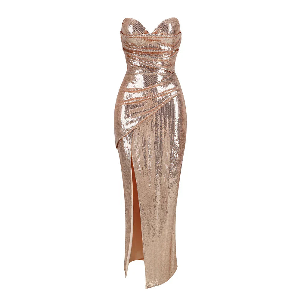 Sequined Strapless Slit Lace Up Ankle Length Dress