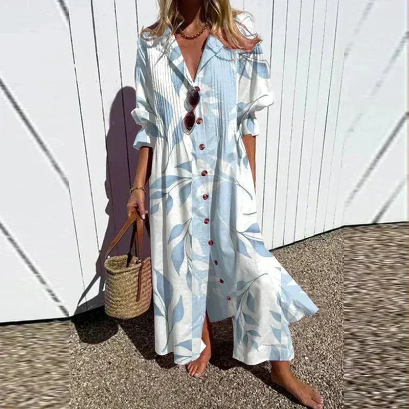 V-Neck Short Sleeve Watercolor Floral Tiered A-Line Maxi Dress