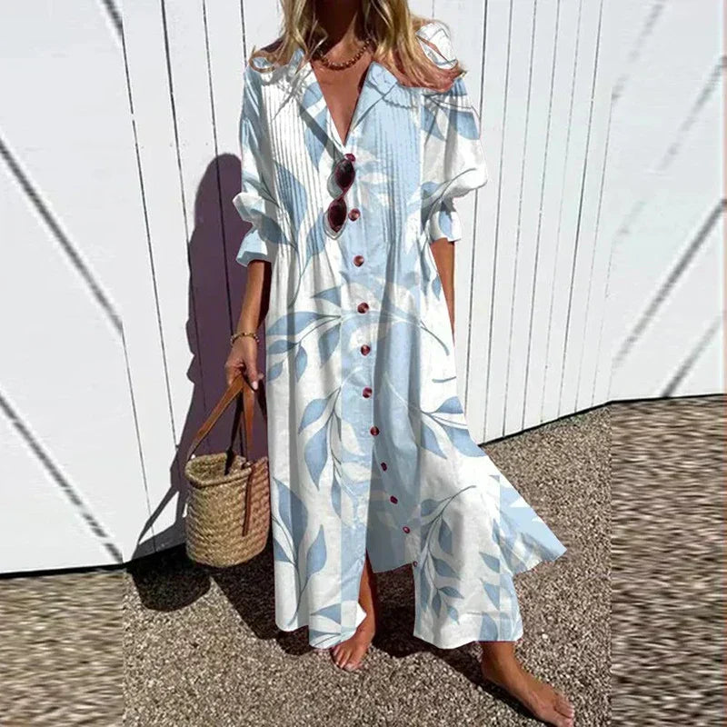 V-Neck Floral Print Puff Sleeve Tiered A-Line Maxi Dress