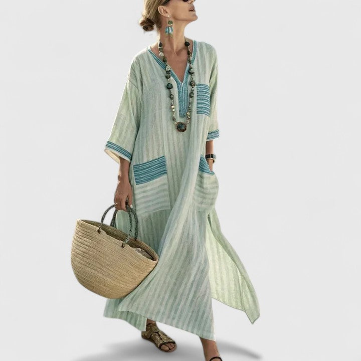 Split Neck Embroidered Striped Pocket Kaftan Maxi Dress