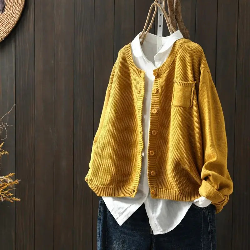 Round Neck Button Front Pocket Long Sleeve Knit Cardigan