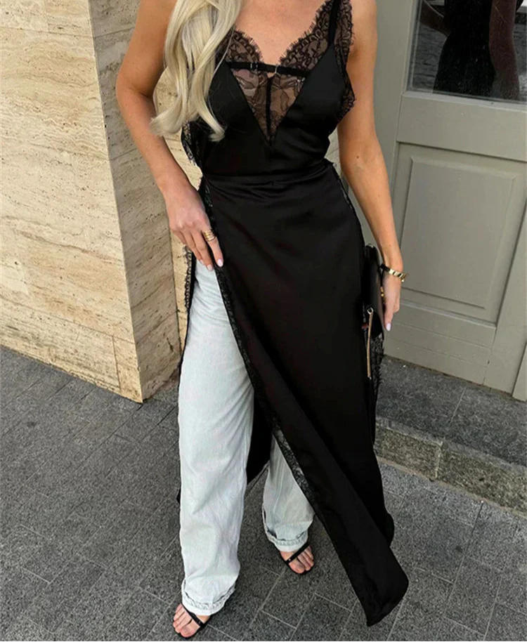 Lace Satin Patchwork High Split Maxi Dress