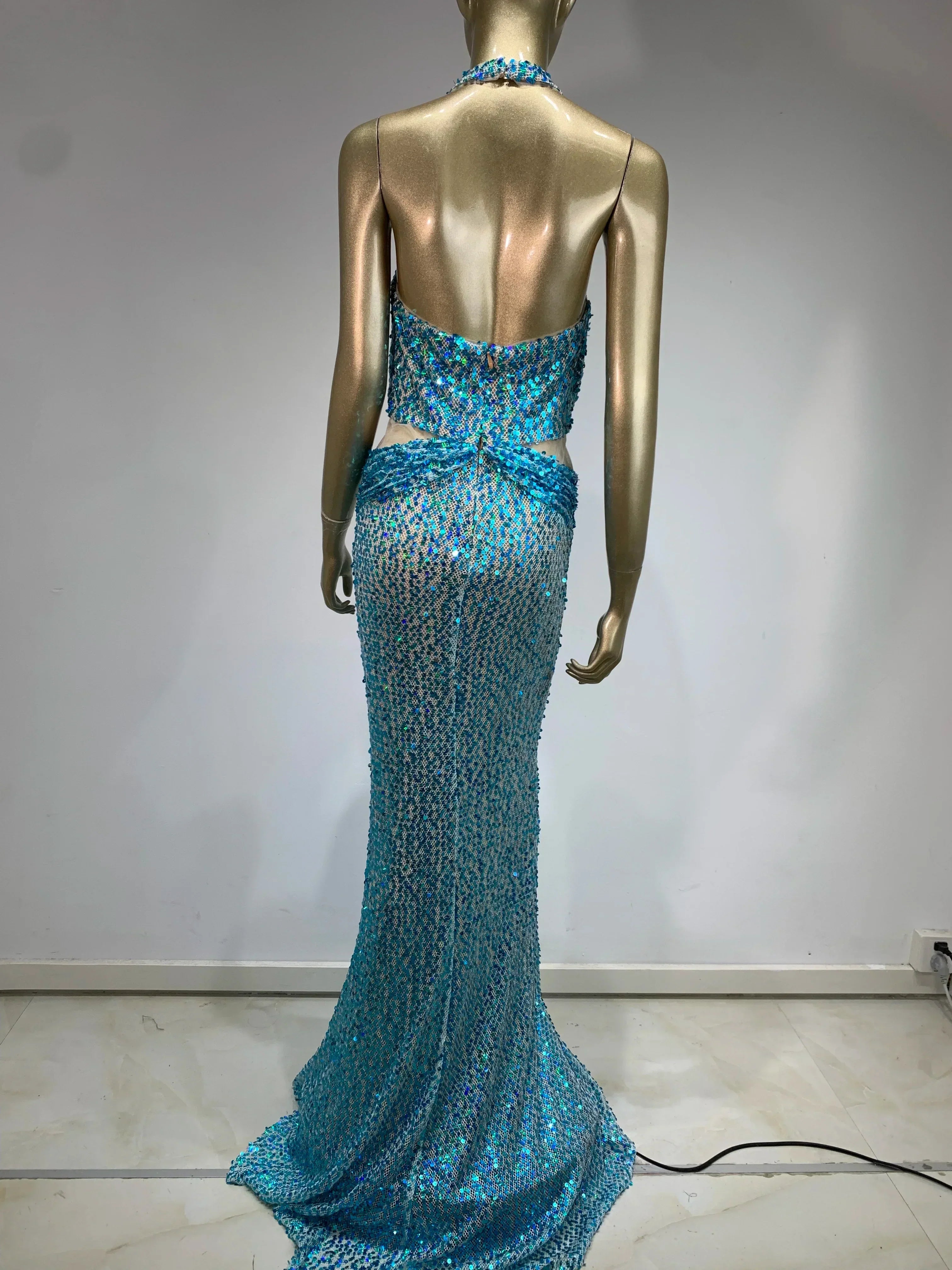 Halter Blue Sequins Sparkly Glitter Maxi Dress