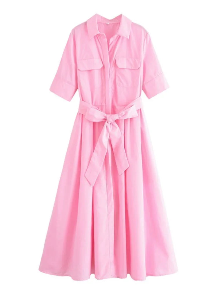 Collar Short Sleeve Chest Pocket Belted A-Line Shirt Dress 4