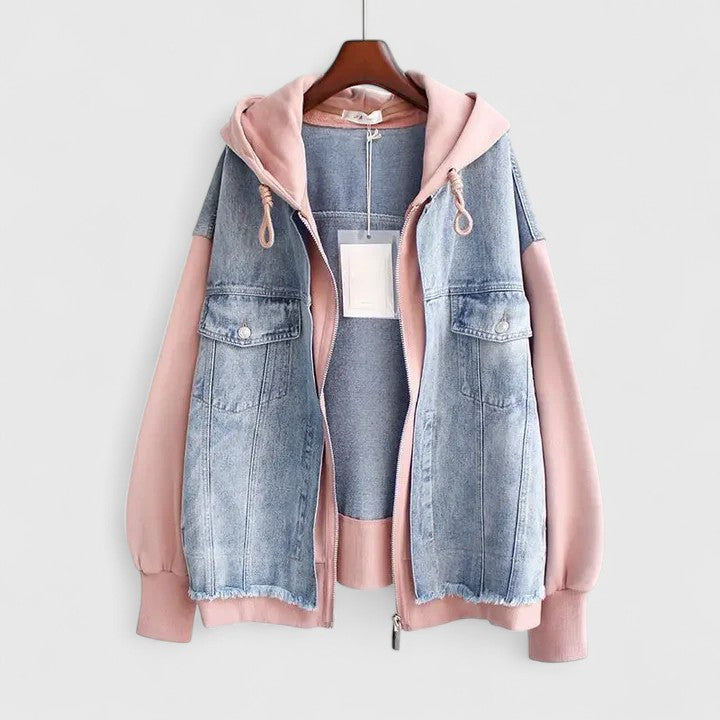 Hooded Denim Contrast Sleeve Zip Front Pocket Jacket