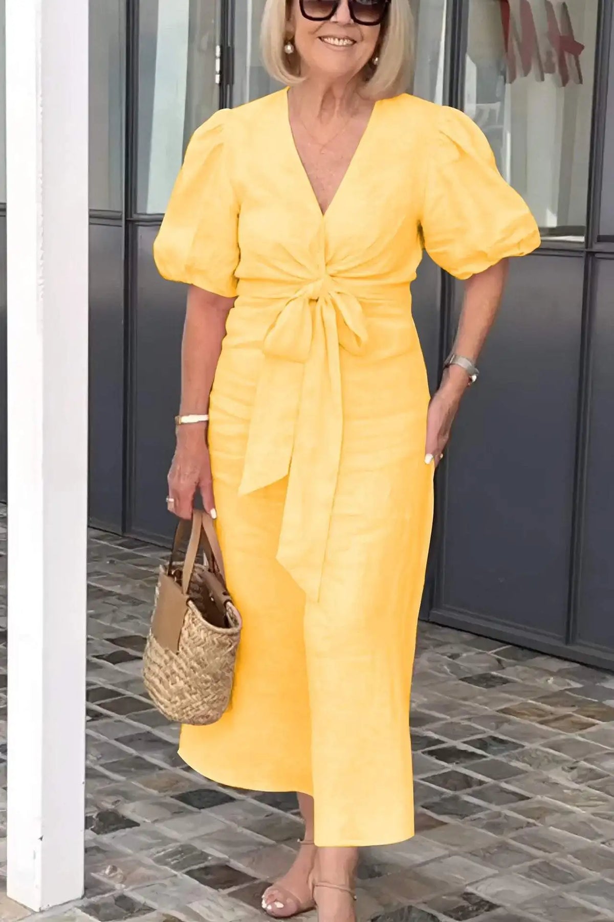 V-Neck Puff Sleeve Tie Front Linen Maxi Dress