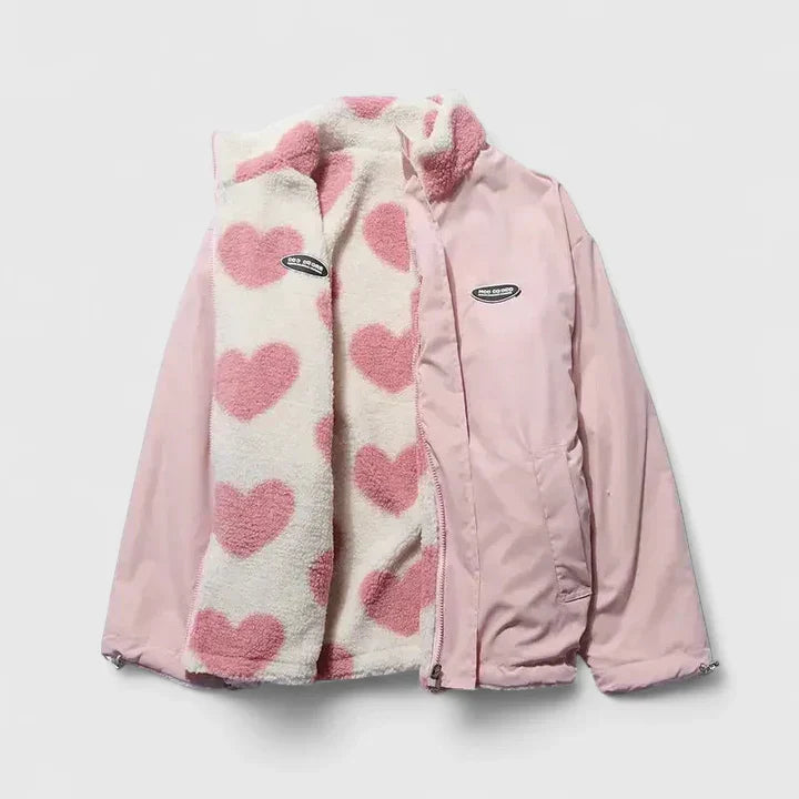 Heart Print Stand Collar Zip-Front Cozy Fleece Jacket