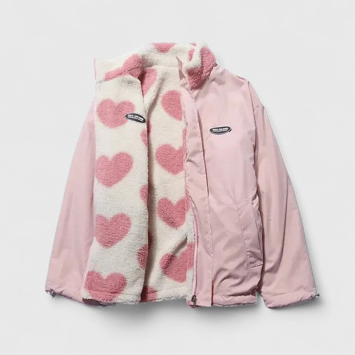 Stand Collar Heart Print Zip-Front Fleece Jacket