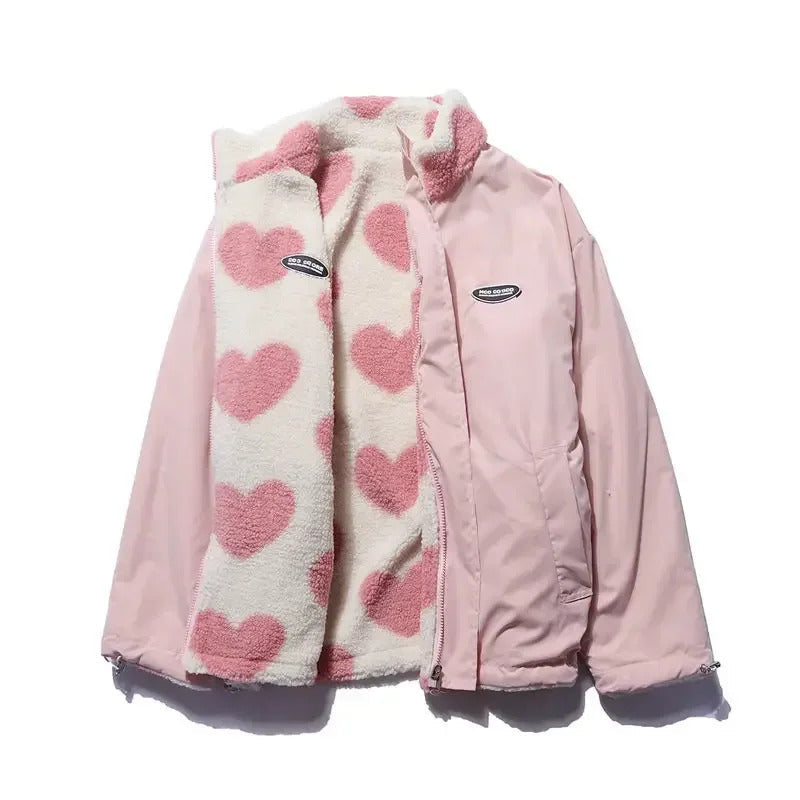 Stand Collar Heart Print Sherpa Fleece Zip Front Jacket