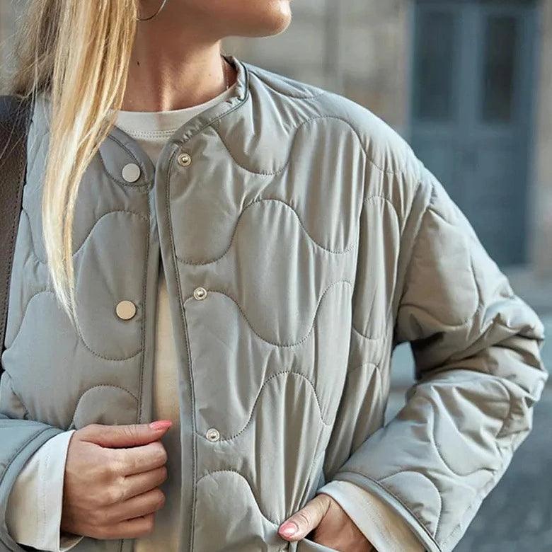 Gray Collarless Wave Quilted Snap Button Padded Jacket
