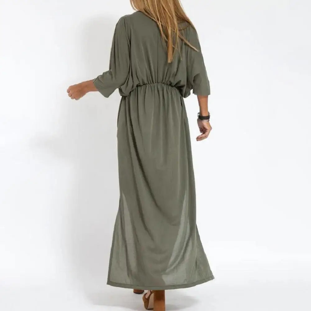 Surplice V-Neck Dolman Sleeve Elastic Waist Flowy Maxi Dress 10