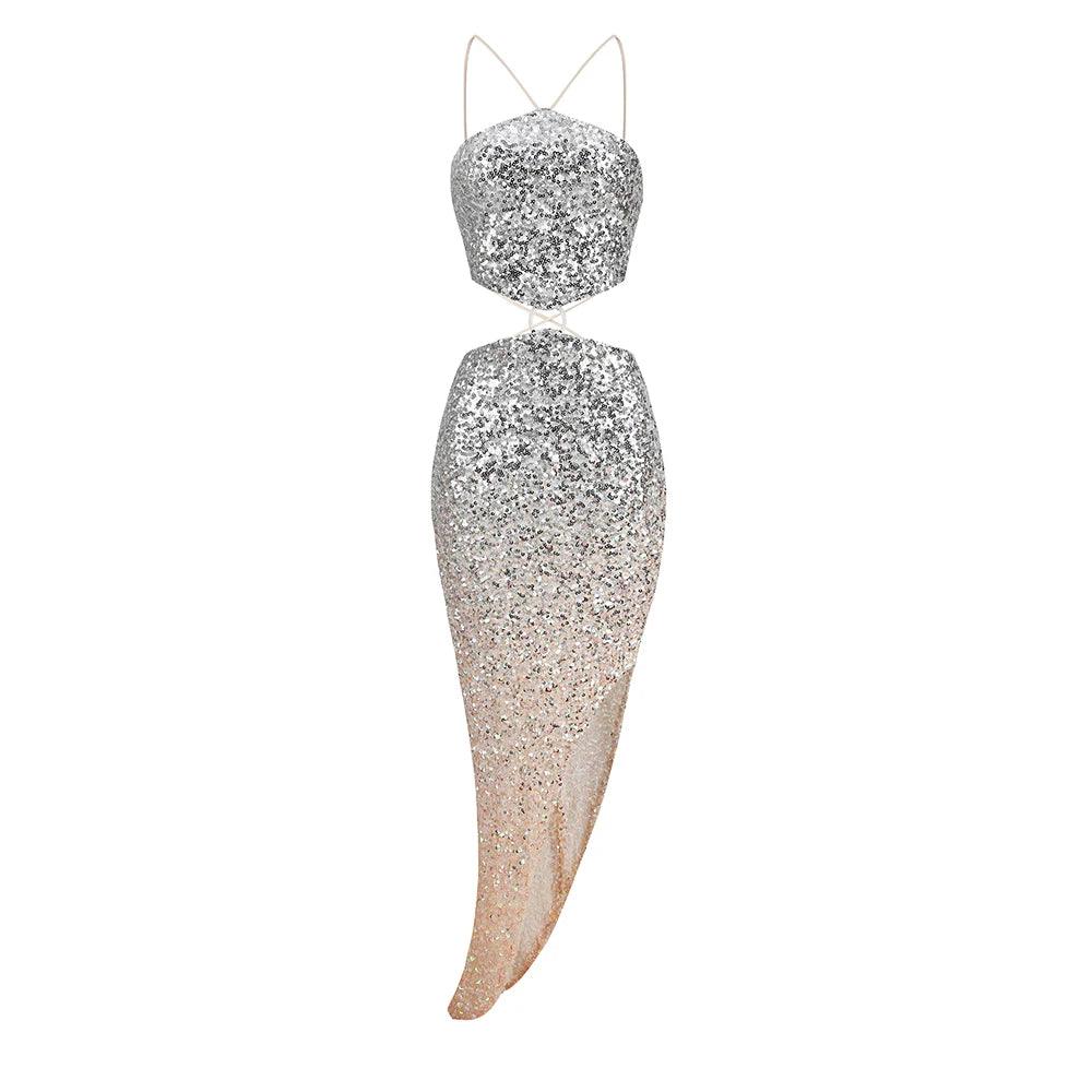 Silver Halter O-Ring Cutout Sequin Ombre High Slit Bodycon Midi Dress 4