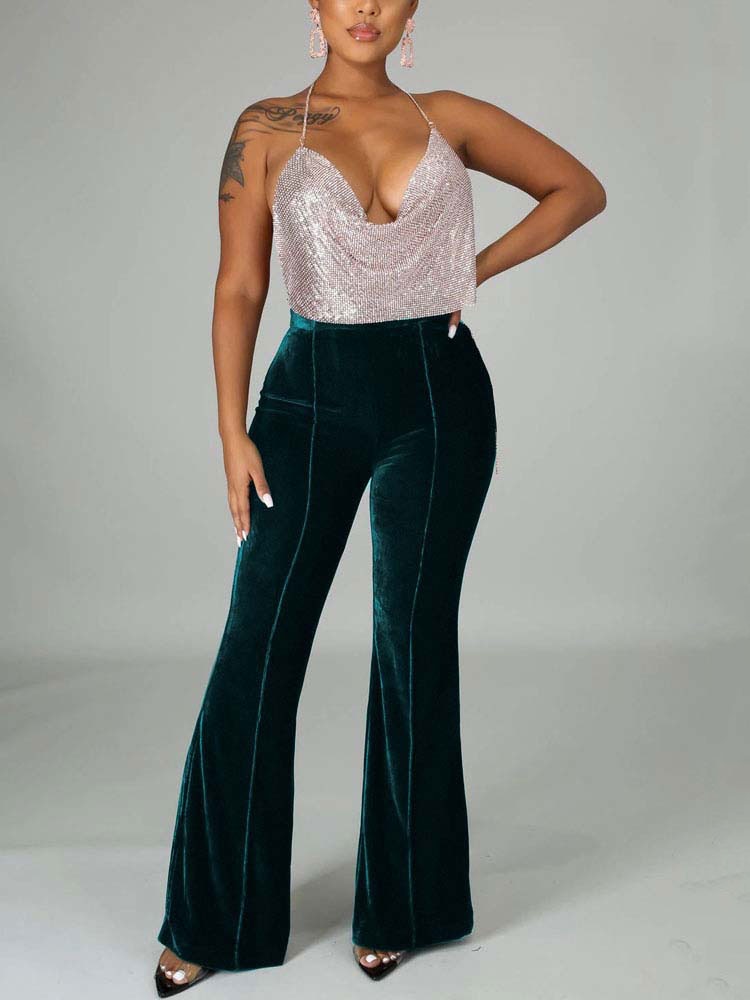 Velvet Velour Flared Bell Bottoms High Waist Pants
