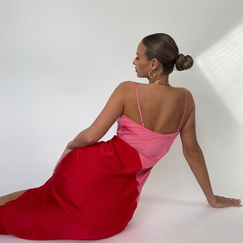 Red Cowl Neck Spaghetti Strap Satin Diagonal Panel Bodycon Maxi Dress