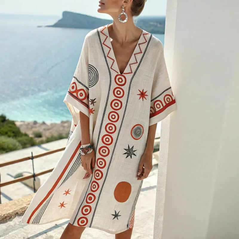 Black And Orange Pattern V-Neck Geometric Tribal Print Batwing Sleeve Kaftan Midi Dress