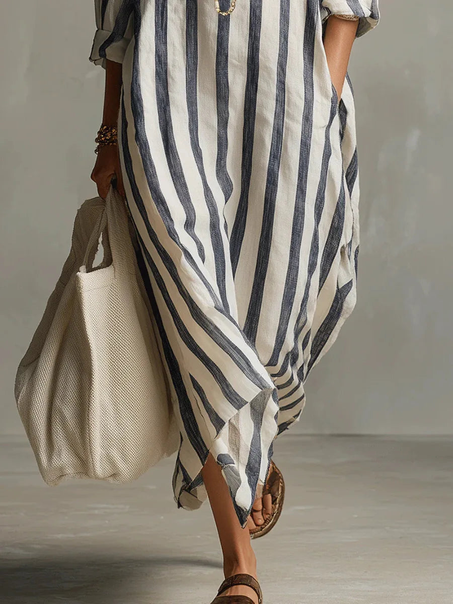 Collared Striped Long Sleeve Oversized Shirt Maxi Dress 4
