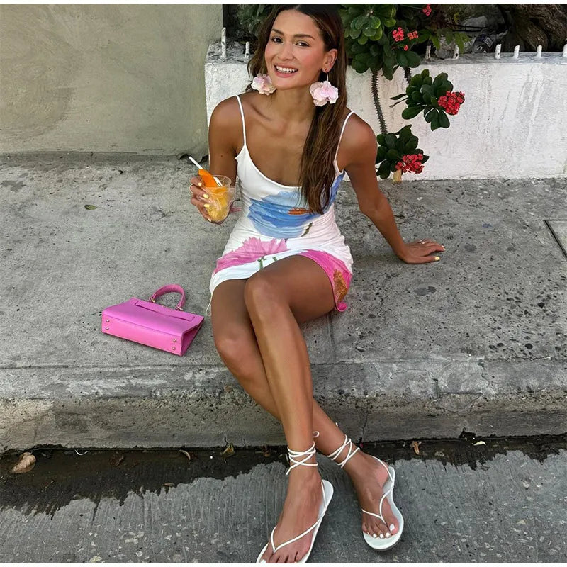 Fashion Flower Printed Women Sling Dress Elegant U neck Backless Bodycon Dresses Summer Lady Chic Beach Vacation Robes 2024