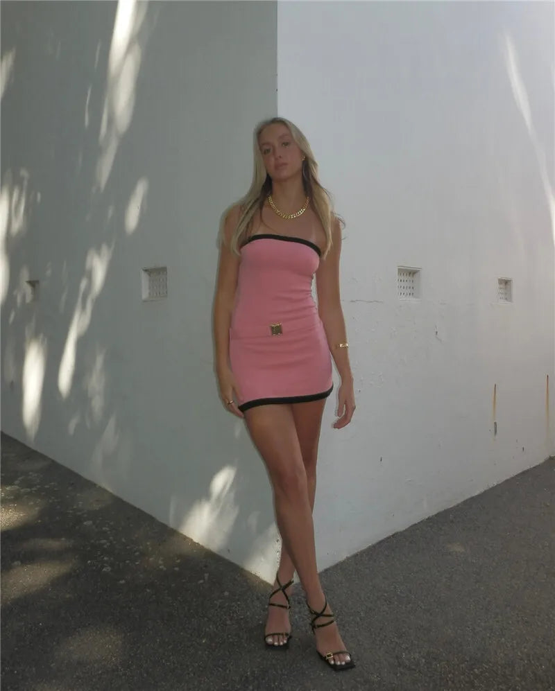 Two - Tone Strapless Ribbed Belt Mini Dress