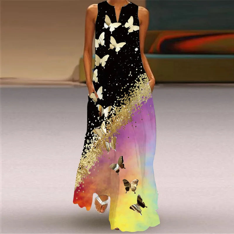Split Neck Butterfly Print Sleeveless Pocket A-Line Maxi Dress