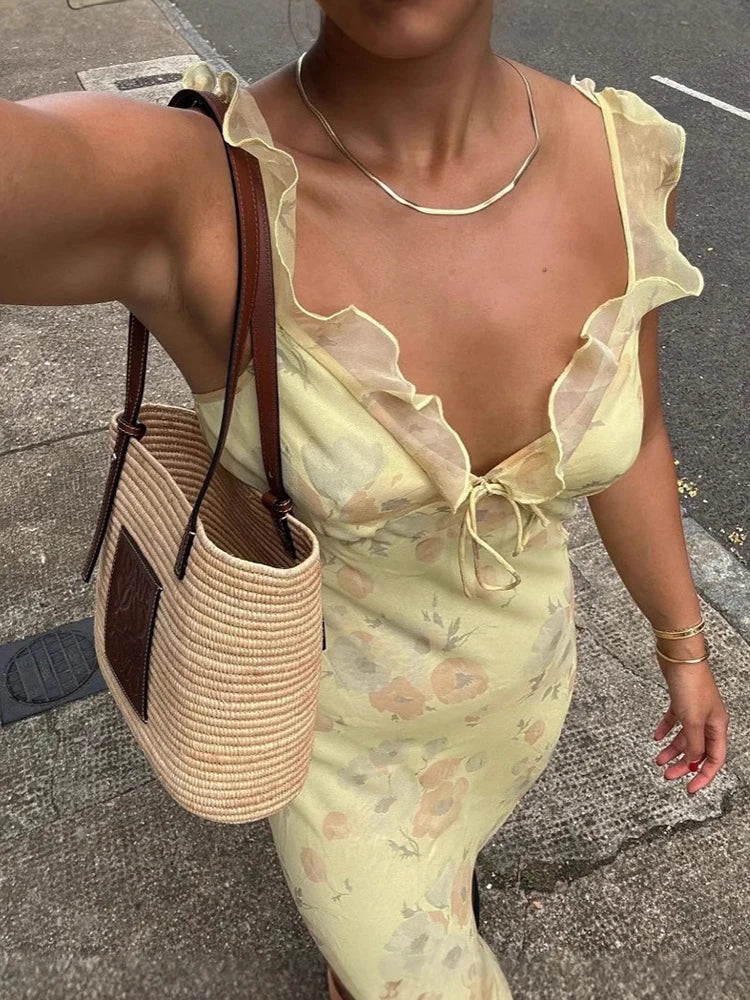 Ruffled Sling Backless Floral Dress