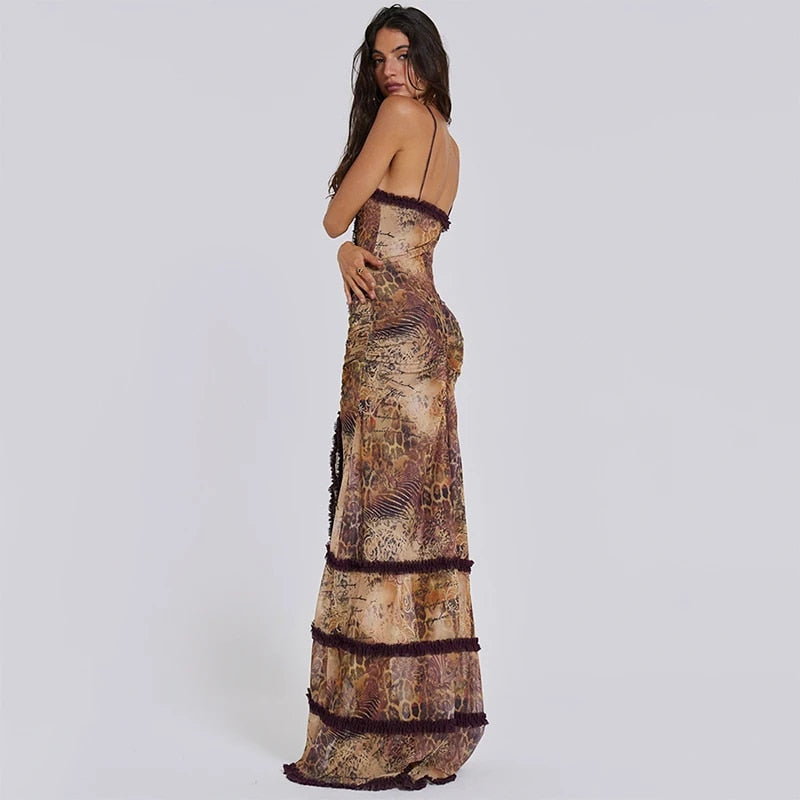 Strappy Ruffle Trim Cutout Printed Mesh Ruched Bodycon Maxi Dress