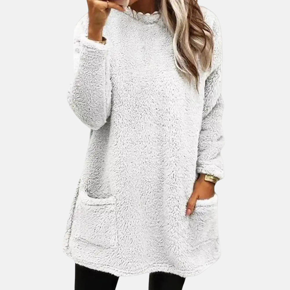 Round Neck Fuzzy Fleece Long Sleeve Pocket Tunic Sweater
