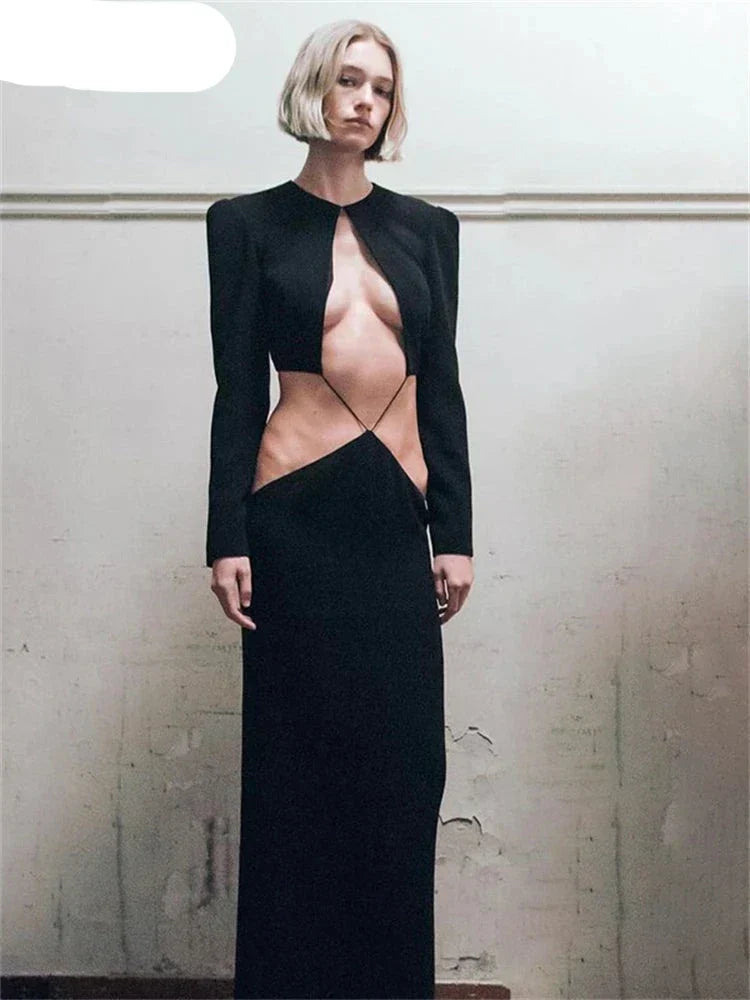 Black Cut Out Long Sleeve Dress Y2K Party Dress