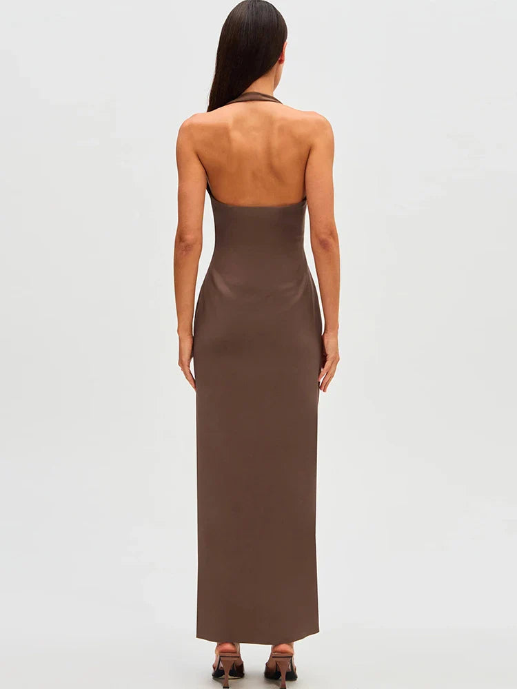 Ruched Deep Vneck Halter Midi Dress