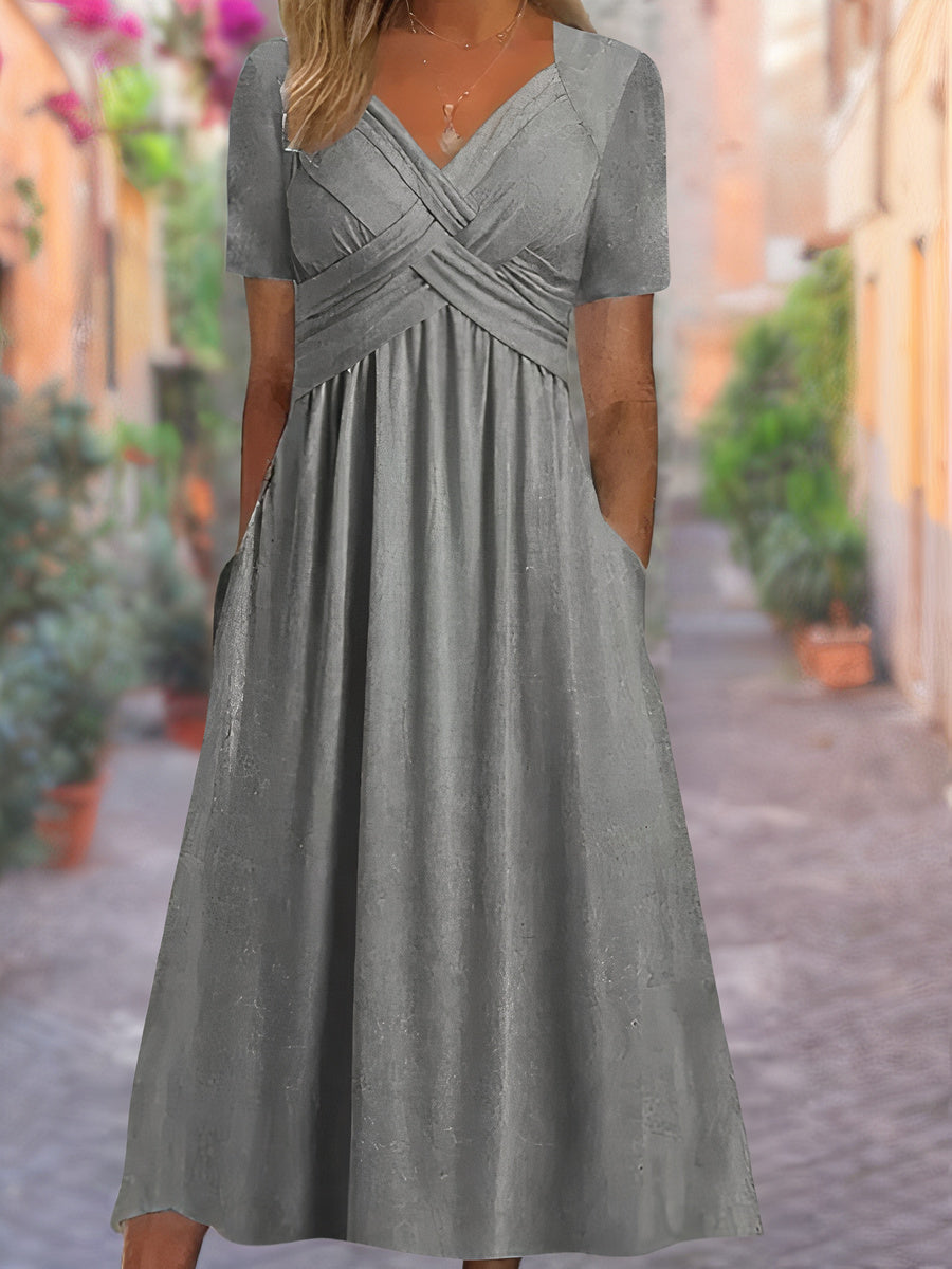 V-Neck Cross Front Ruched Short Sleeve Pocket A-Line Midi Dress