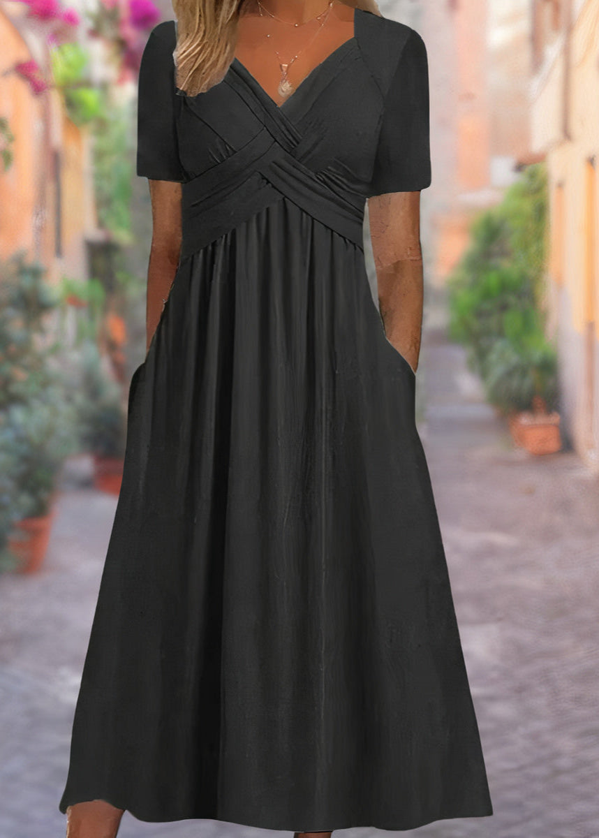 V-Neck Cross Front Ruched Short Sleeve Pocket A-Line Midi Dress