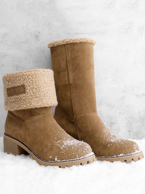 Fur Lined Fold Over Cuff Block Heel Ankle Snow Boots
