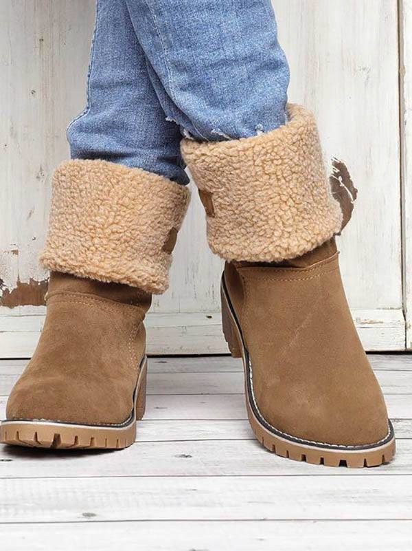 Fur Lined Fold Over Cuff Block Heel Ankle Snow Boots