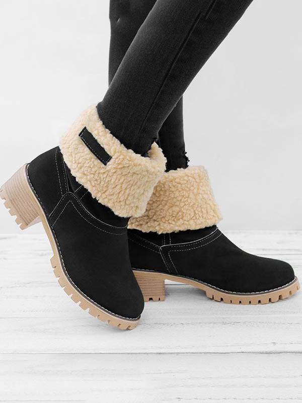 Fur Lined Fold Over Cuff Block Heel Ankle Snow Boots
