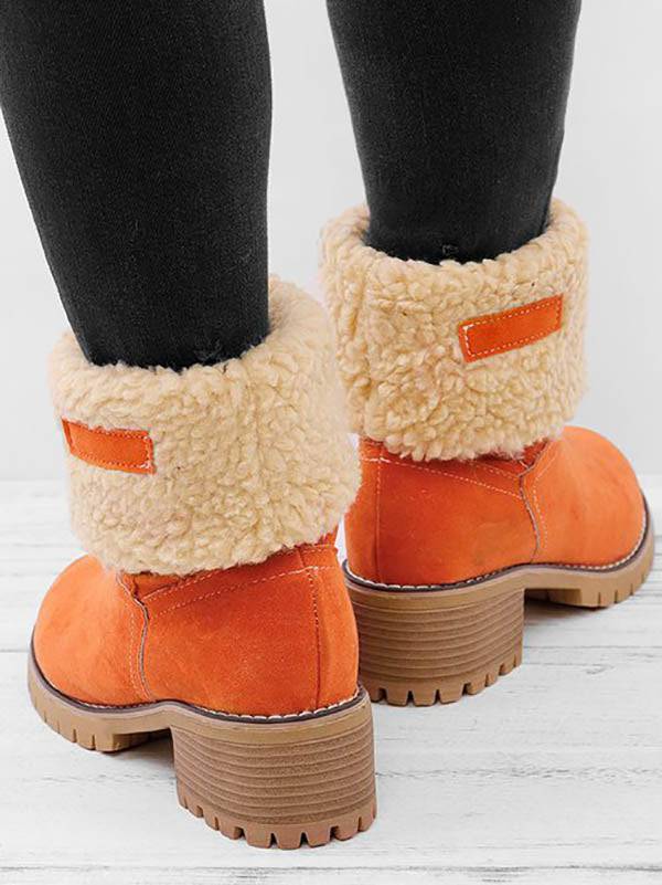 Fur Lined Fold Over Cuff Block Heel Ankle Snow Boots