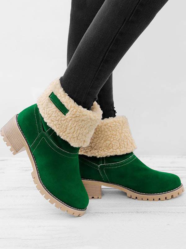 Fur Lined Fold Over Cuff Block Heel Ankle Snow Boots