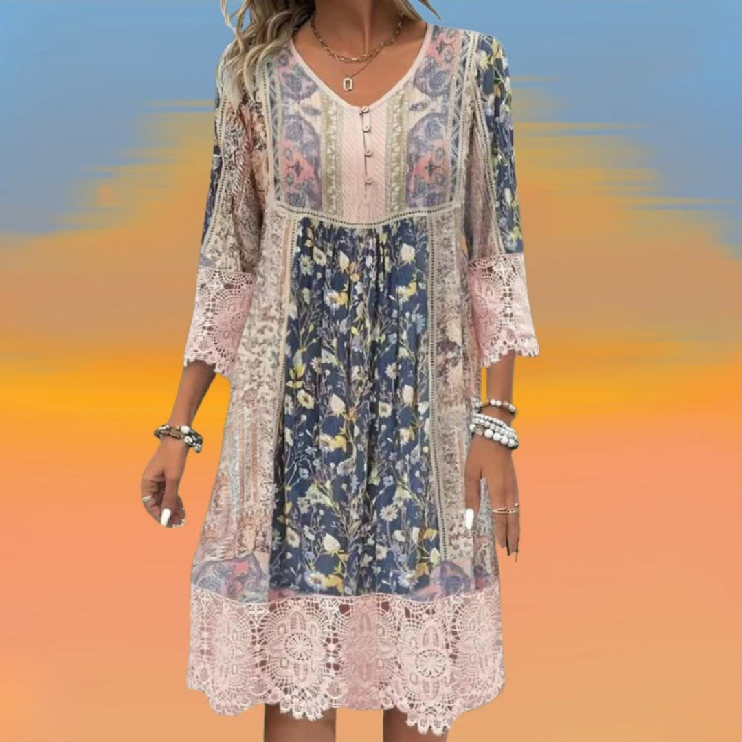 Pink V-Neck Floral Print Crochet Lace Trim Boho Midi Dress