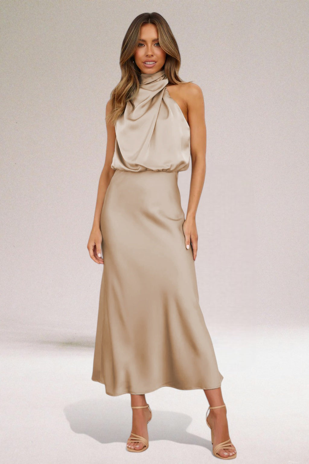 High Neck Satin Draped Cowl Sleeveless Column Maxi Dress 7