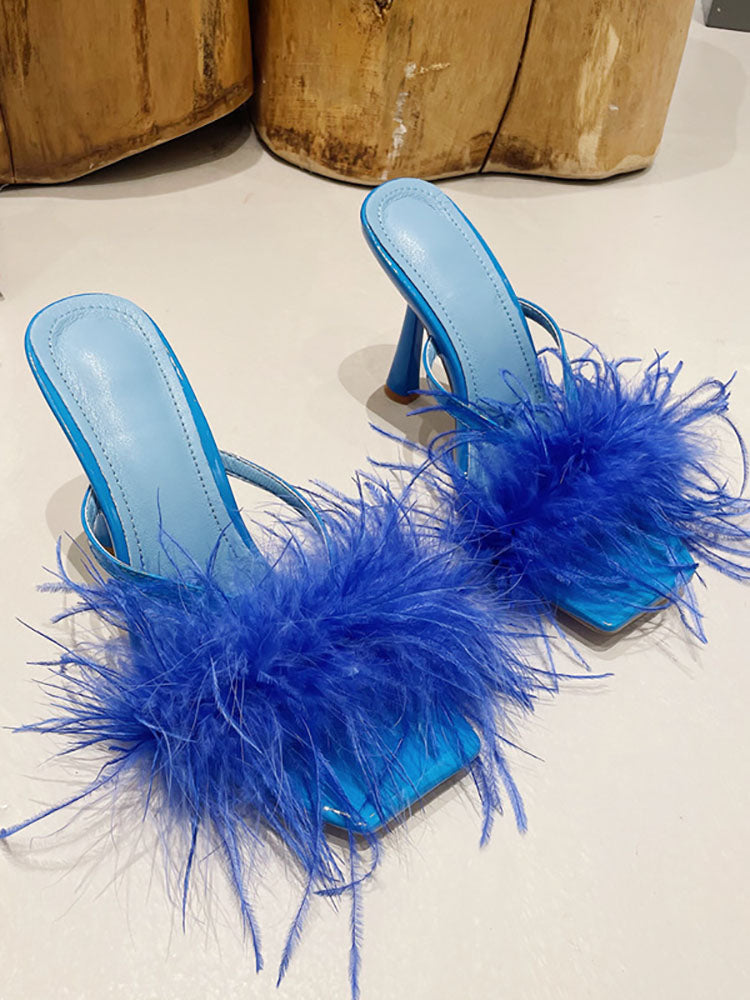 Feather Trim Square Toe Stiletto High Heel Mules