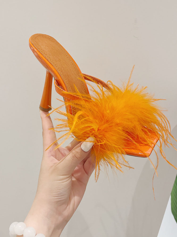 Feather Trim Square Toe Stiletto High Heel Mules
