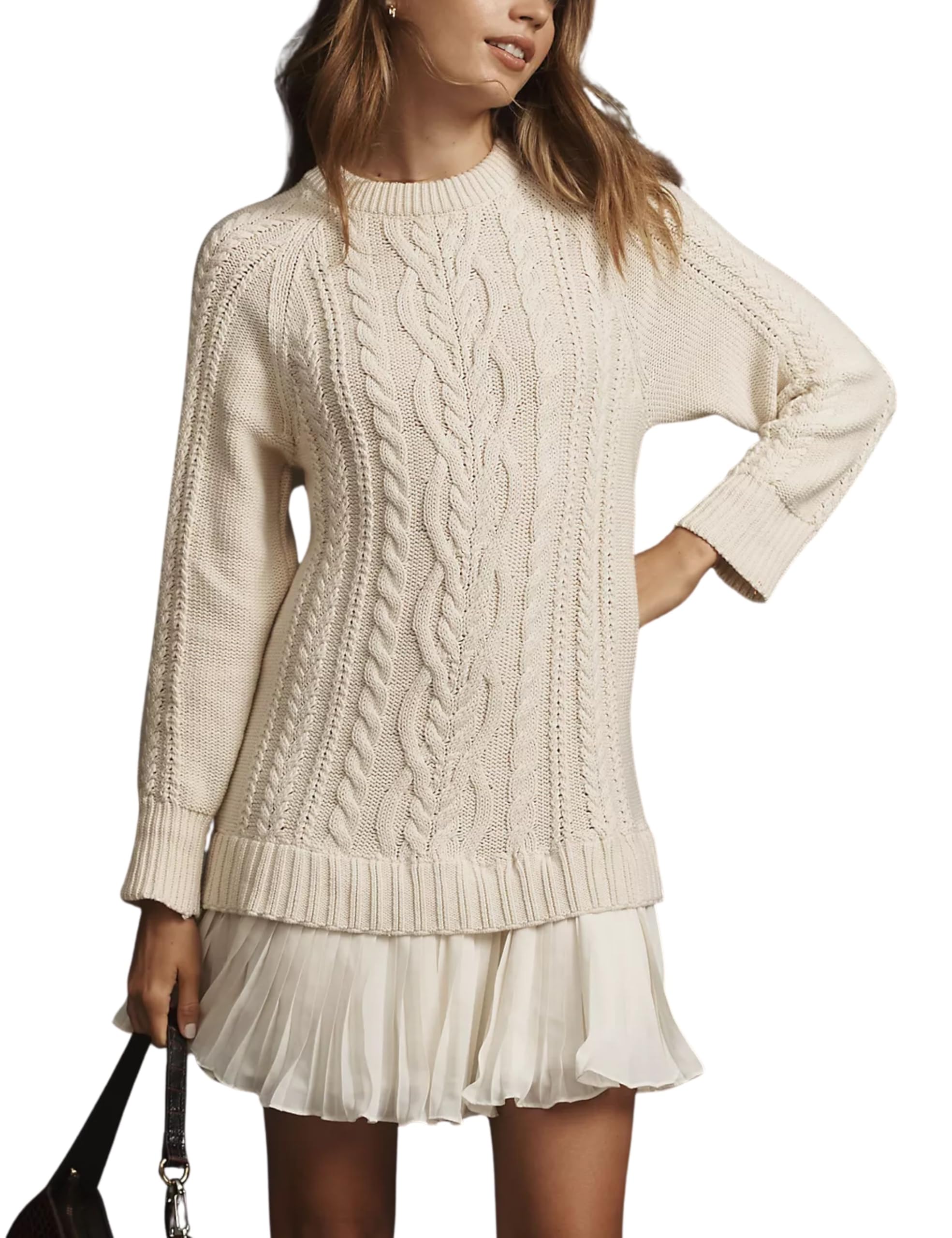 Round Neck Cable Knit Sweater Mini Skirt