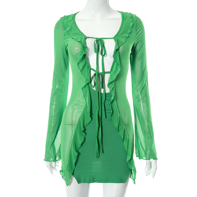 Long sleeve contrast print self tie ruffle mini dress