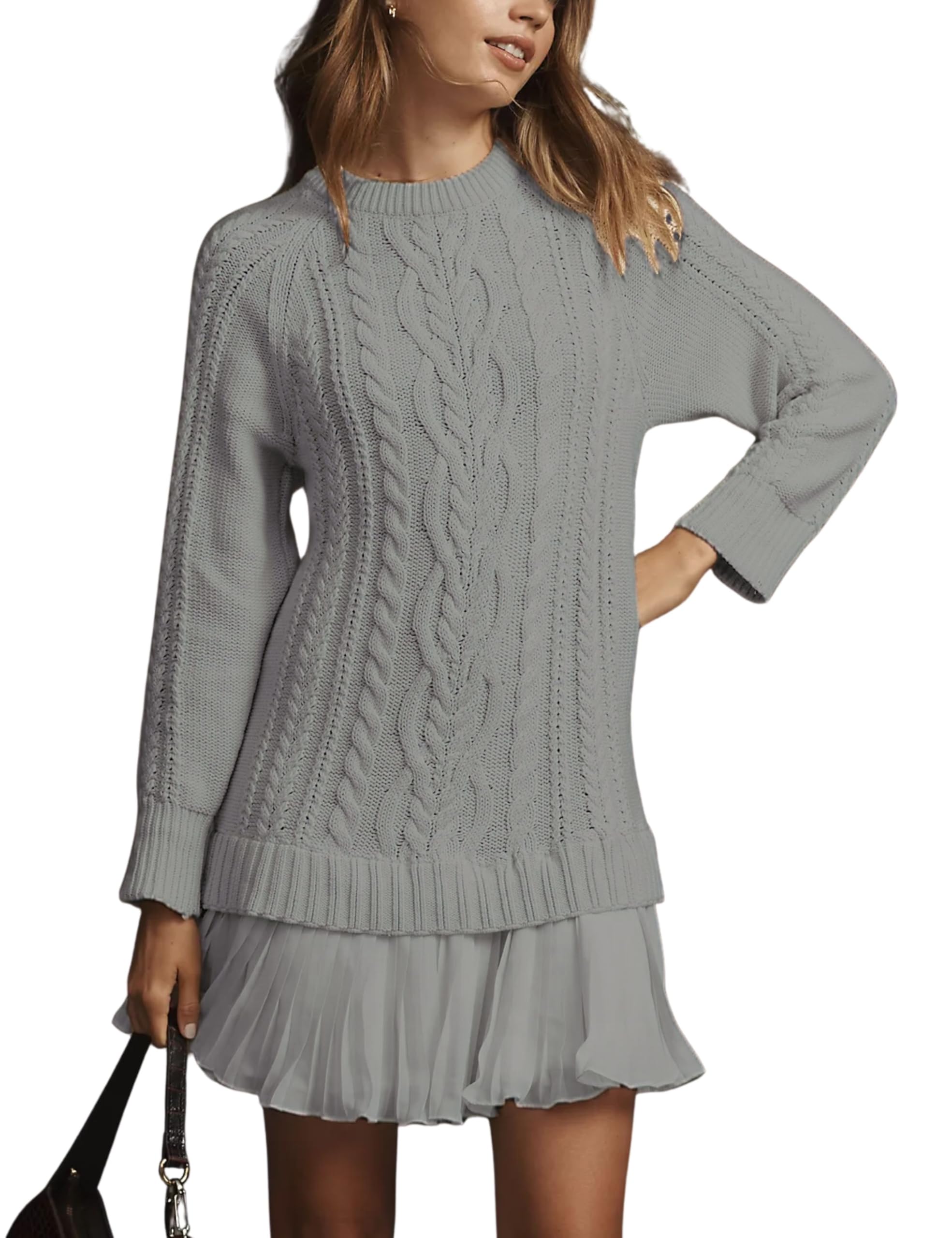 Round Neck Cable Knit Sweater Mini Skirt