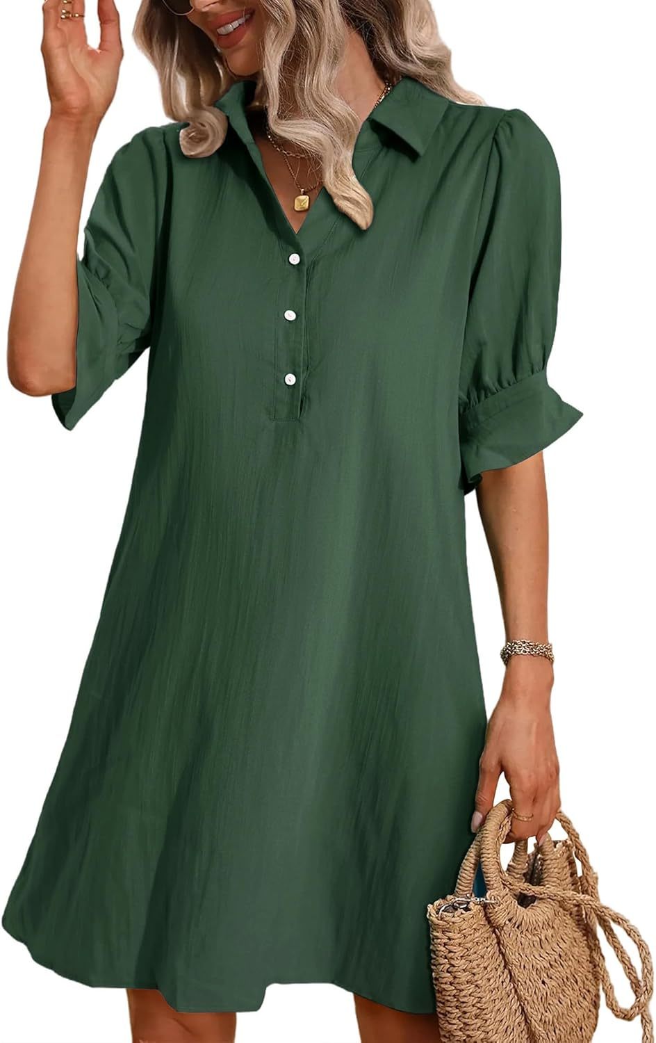 Collared Half Button Roll Sleeve Pocket Shift Mini Dress 4