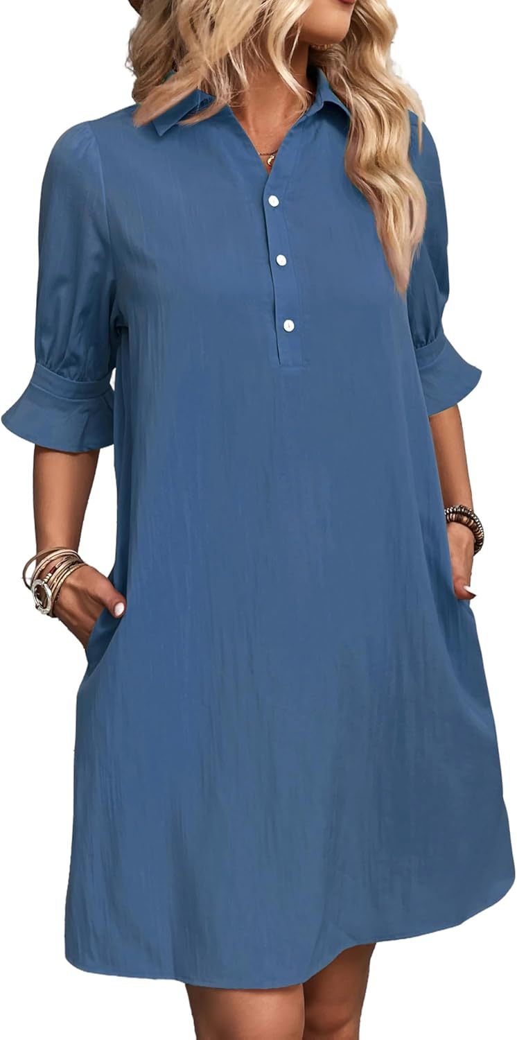 Collared Half Button Roll Sleeve Pocket Shift Mini Dress 6