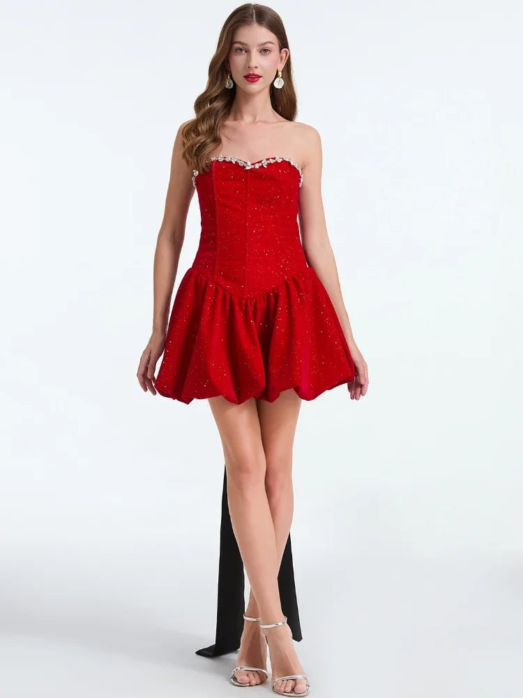 French Bow Strapless Party Dress Red / S Partydress-241208