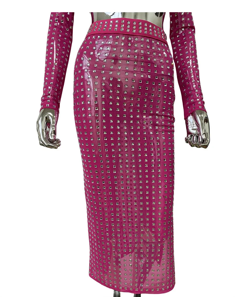 Mesh Top Skirt Sparkling Party Dress Rose Red / S Partydress-241208