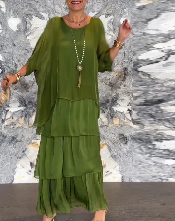 Round Neck Batwing Sleeve Layered Chiffon Tiered Flowy Maxi Dress