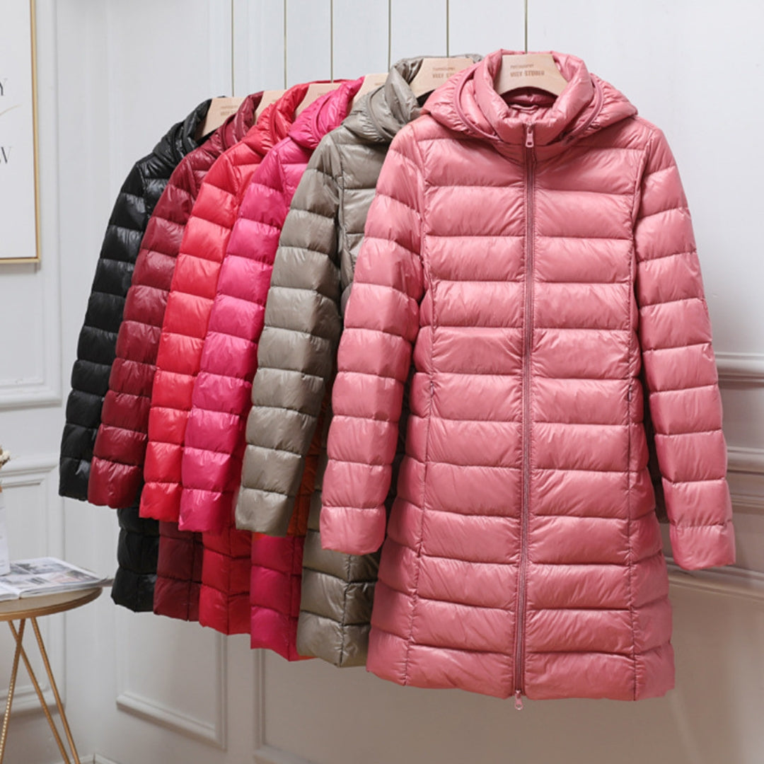 Hooded Zip Front Longline Lightweight Quilted Puffer Coat