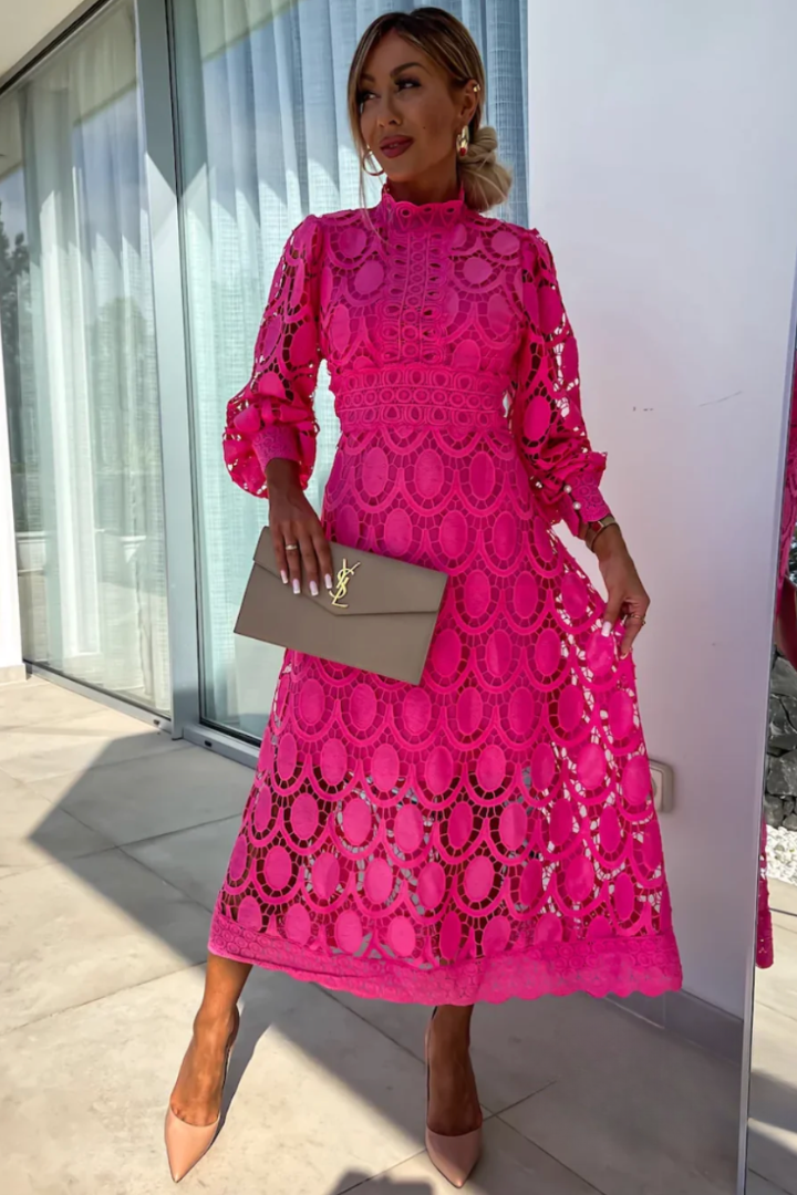 High Neck Crochet Lace Long Sleeve A-Line Midi Dress