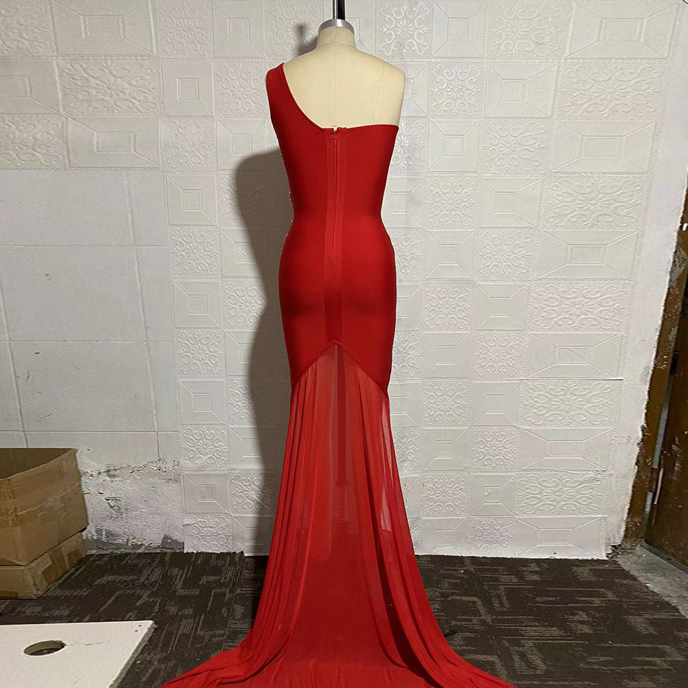 One Shoulder Sleeveless Maxi Metal Studded Bandage Dress